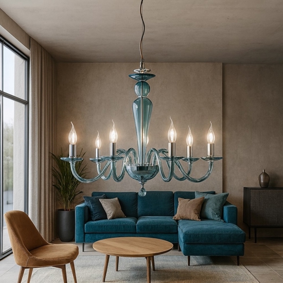 Ondaluce lp paganini lampadario 6 luci vetri blu ottanio