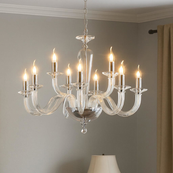 Lampadario classico lp ravel ondaluce 12 bracci vetro trasparente