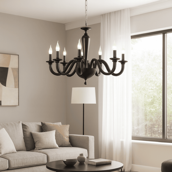 Ondaluce ravel lampadario contemporano per salone vetro nero 8 luci e14