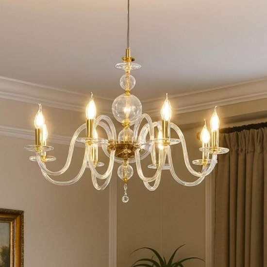 Lampadario classico in vetro e finiture oro ondaluce vivaldi 8 luci