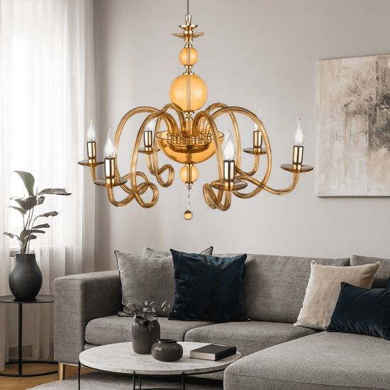 Lampadario classico vetro ambrato lp vivaldi ondaluce 6 luci