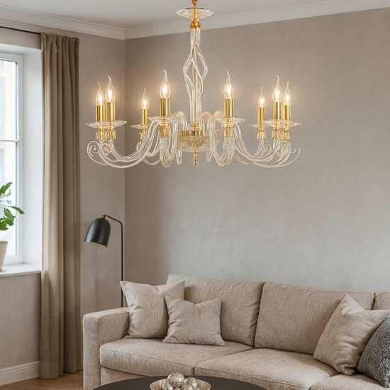 Lampadrio vetro classico ondaluce 1306 per salotto 8 luci ottone