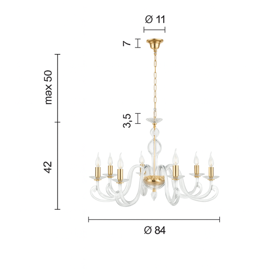 Lampadrio vetro classico ondaluce 1306 per salotto 8 luci ottone