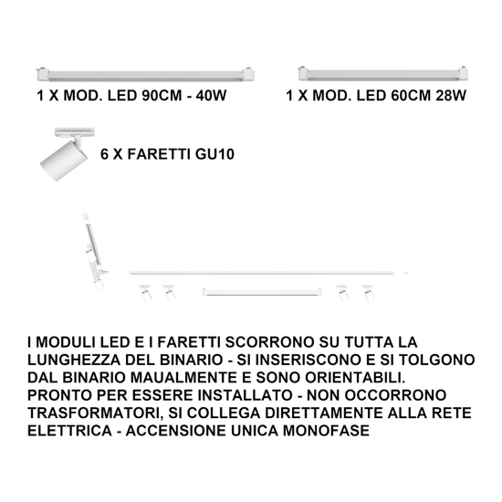 Sistema binario angolare nero monofase modulo led 4000k con spot