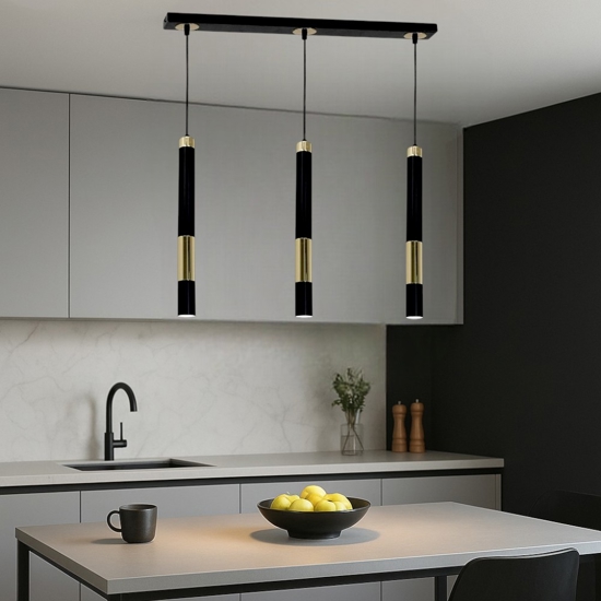 Lampadario per cucina 3 cilindri nero oro fp