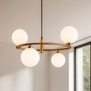 Lampadario ring moderno oro per salotto sfere vetro bianco maytoni