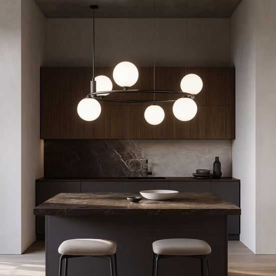 Maytoni lampadario per cucina moderna ring nero sfere vetro bianco