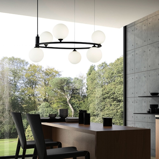 Maytoni lampadario per cucina moderna ring nero sfere vetro bianco
