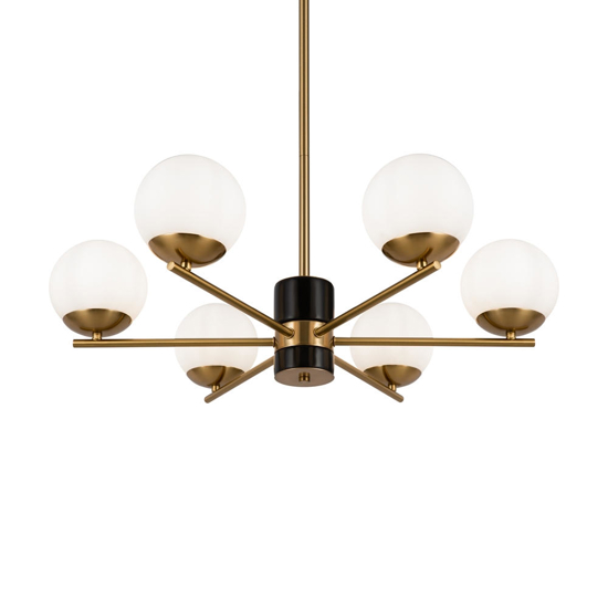 Lampadario moderno per soggiorno colore oro 6 luci sferiche vetro bianco