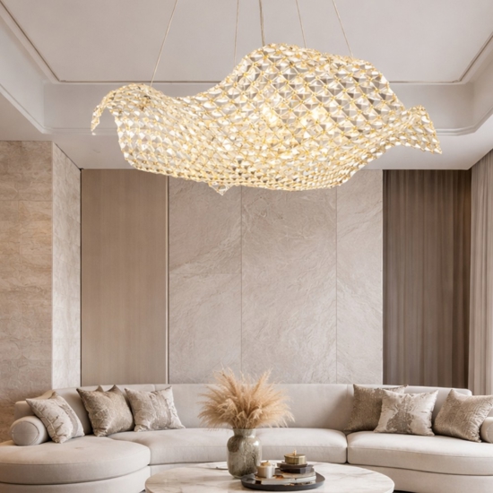 Lampadario moderno vela di cristalli struttura in oro