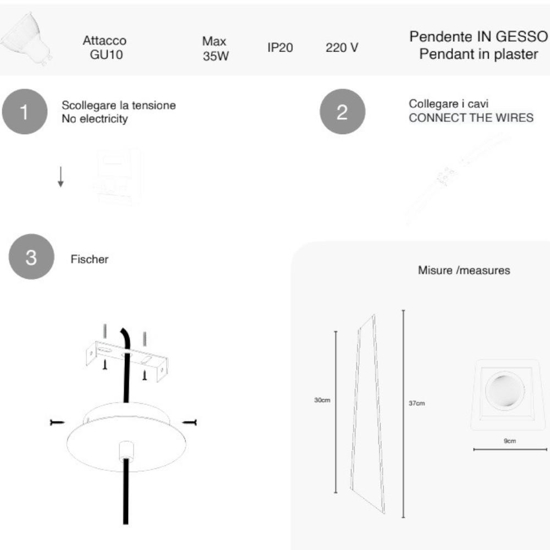 Lampada pendente a sospensione bianca in gesso assimetrica