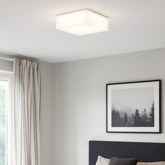 Piccola plafoniera moderna 20cm quadrata vetro bianco lucido