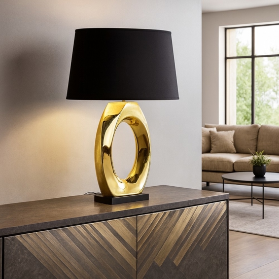Lampada da tavolo in ceramica oro lucido paralume nero