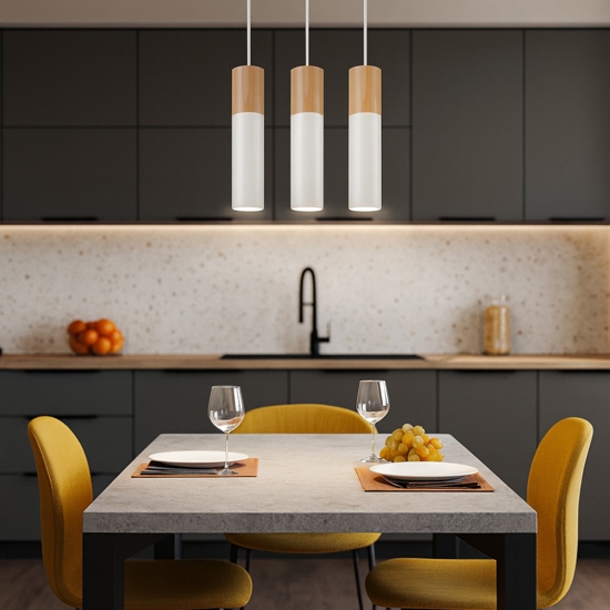 Lampadario 3 luci per cucina bianco legno
