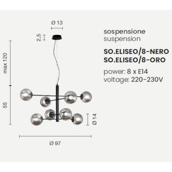 Ondaluce lampadario moderno so eliseo 8 luci nero per soggiorno