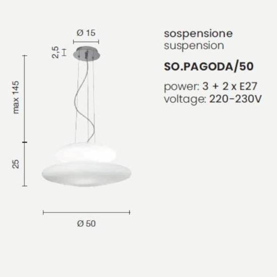 Lampadario moderno so pagoda ondaluce 60cm doppio vetro bianco per soggiorno