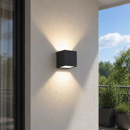 Top light spa applique da esterno nera cubo moderno biemissione luce ip54