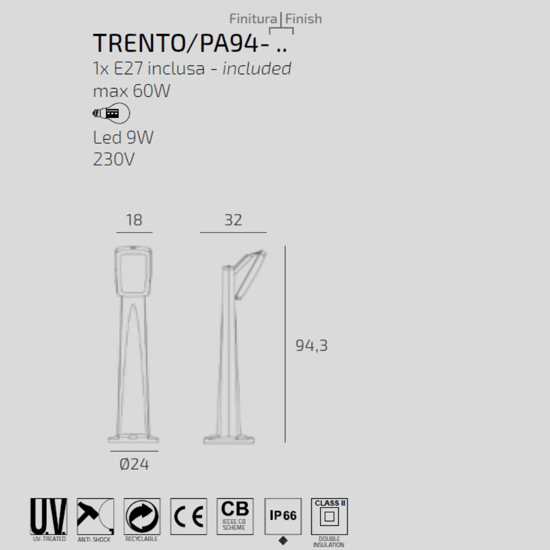 Top light trento nero 94cm lampione da giardino ip66