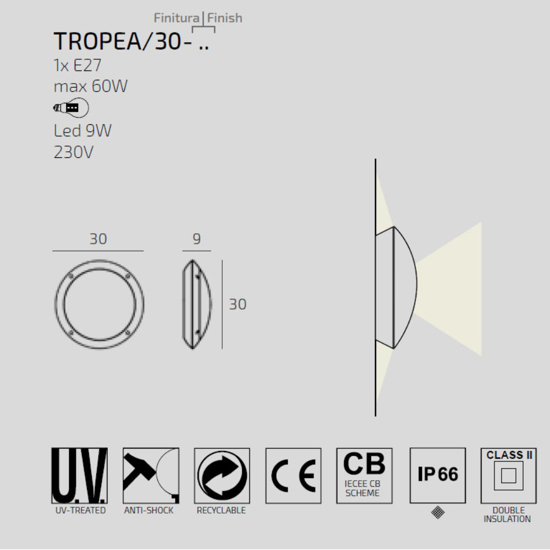Plafoniera rotonda da esterno top light tropea nera