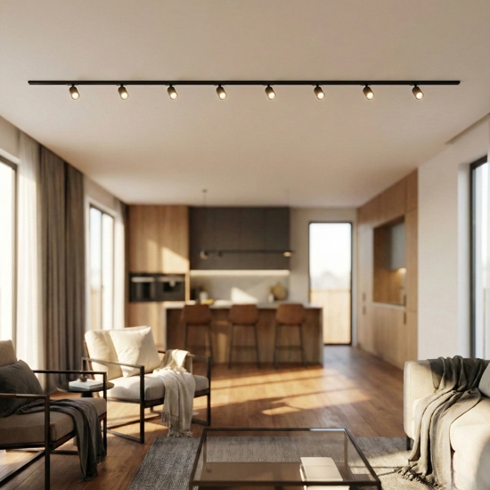 Sistema illuminazione a binario 300cm nero con 8 spot oro