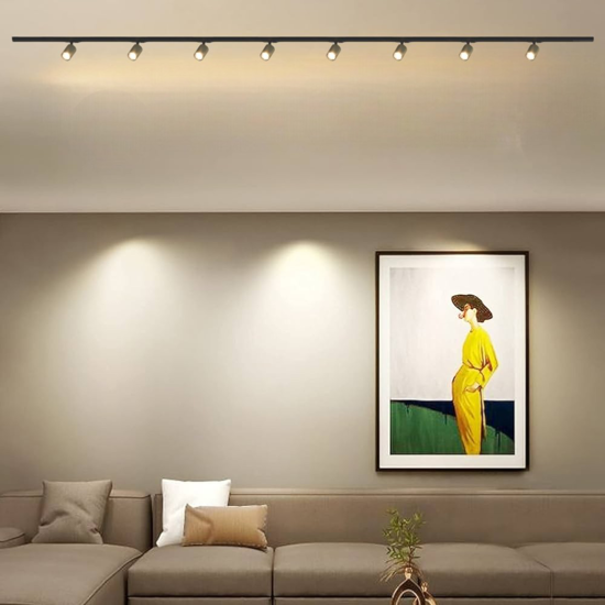 Sistema illuminazione a binario 300cm nero con 8 spot oro