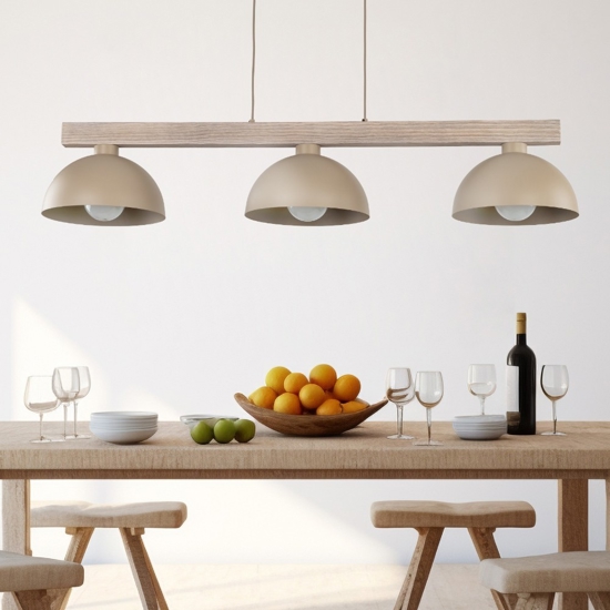 Lampadario bilanciere di legno cupole in metallo sabbia per cucina