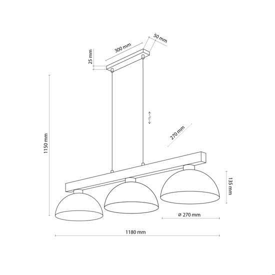Lampadario bilanciere di legno cupole in metallo sabbia per cucina