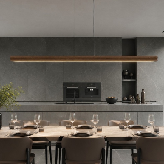 Lampadario barra di legno noce a sospensione led per sala da pranzo