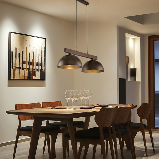 Lampadario bilanciere di legno con cupole in metallo marrone per cucina
