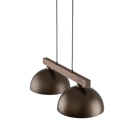 Lampadario bilanciere di legno con cupole in metallo marrone per cucina