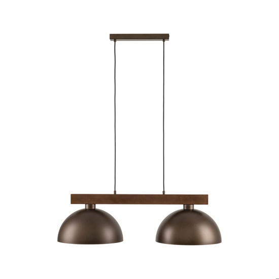 Lampadario bilanciere di legno con cupole in metallo marrone per cucina