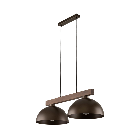 Lampadario bilanciere di legno con cupole in metallo marrone per cucina