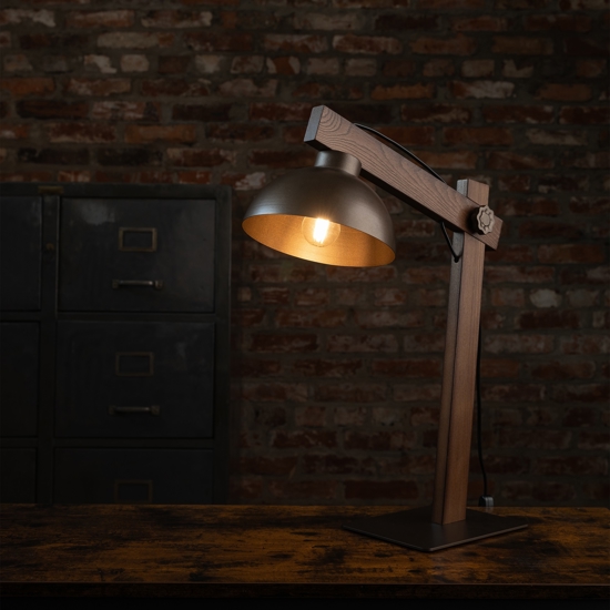 Lampada da tavolo in legno pino cupola in metallo marrone stile vintage