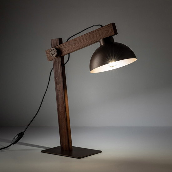 Lampada da tavolo in legno pino cupola in metallo marrone stile vintage