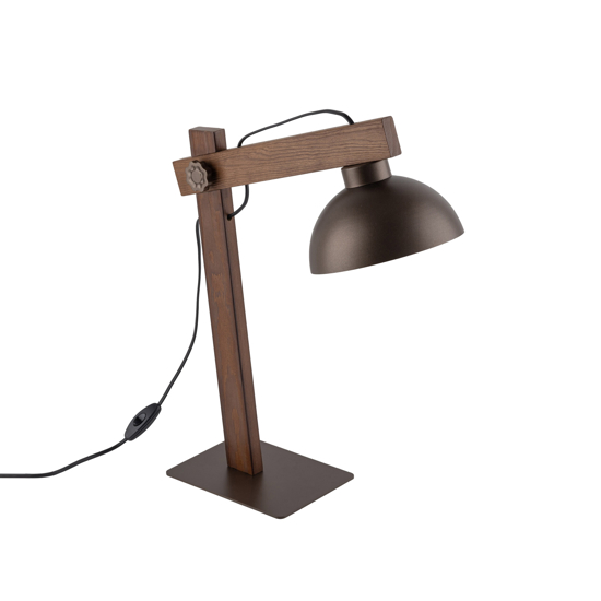 Lampada da tavolo in legno pino cupola in metallo marrone stile vintage