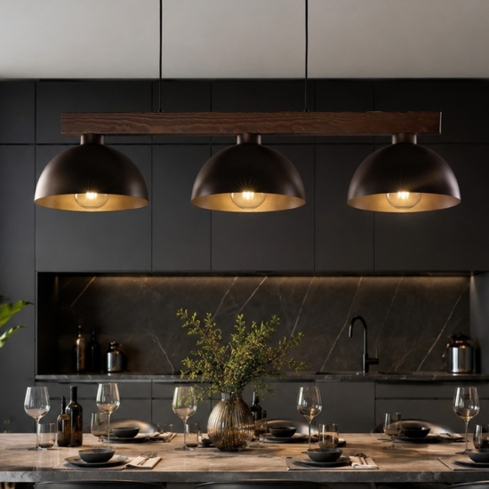 Lampadario bilanciere di legno noce per cucina rustica cupole di metallo marrone