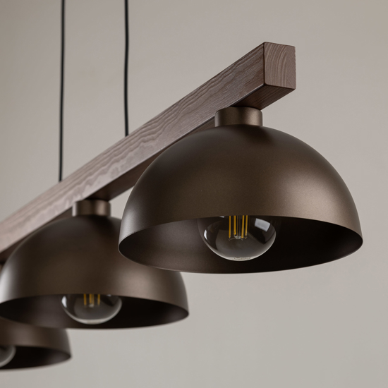 Lampadario bilanciere di legno noce per cucina rustica cupole di metallo marrone