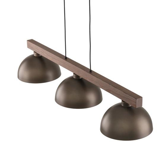 Lampadario bilanciere di legno noce per cucina rustica cupole di metallo marrone