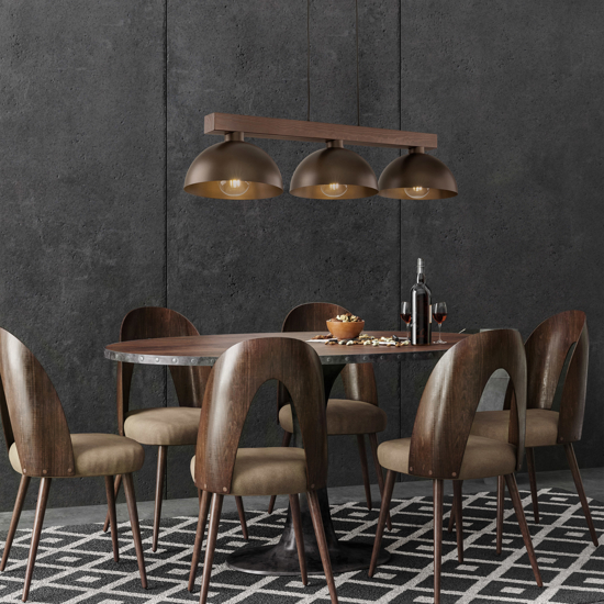 Lampadario bilanciere di legno noce per cucina rustica cupole di metallo marrone