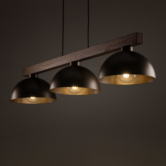 Lampadario bilanciere di legno noce per cucina rustica cupole di metallo marrone