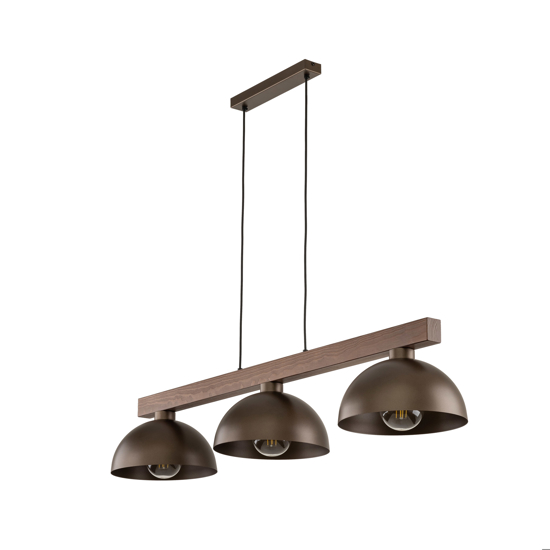 Lampadario bilanciere di legno noce per cucina rustica cupole di metallo marrone