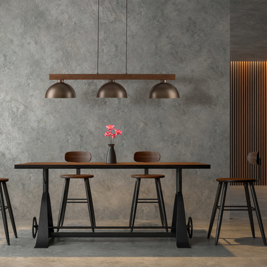Lampadario bilanciere di legno noce per cucina rustica cupole di metallo marrone