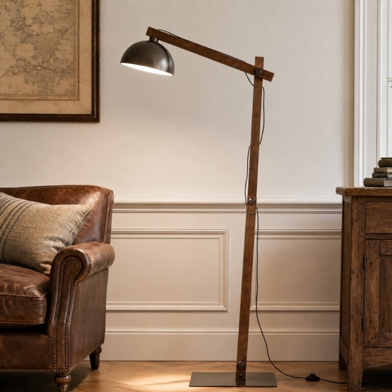 Piantana di legno vintage con cupola di metallo marrone per soggiorno