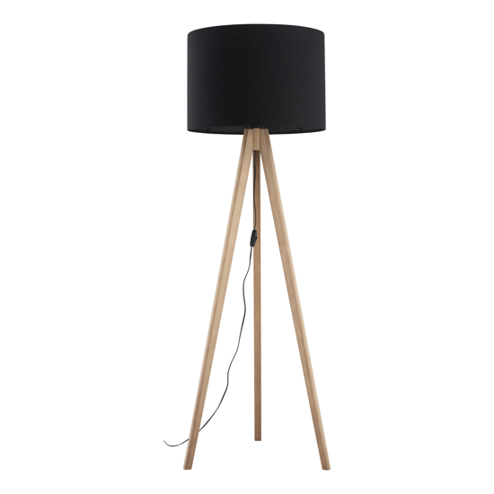 Piantana tre piedi di legno scandinavo pino con paralume nero