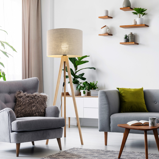 Lampada da terra tre piedi in legno pino paralume lino beige