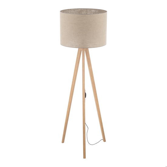 Lampada da terra tre piedi in legno pino paralume lino beige