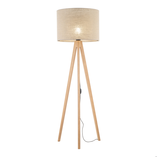 Lampada da terra tre piedi in legno pino paralume lino beige