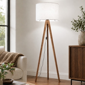 Piantana tre piedi di legno noce scandinavo paralume lino