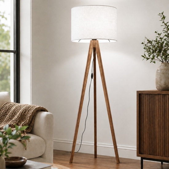 Piantana tre piedi di legno noce scandinavo paralume lino