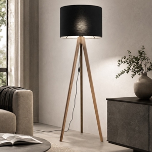 Piantana tre piedi di legno noce paralume lino nero